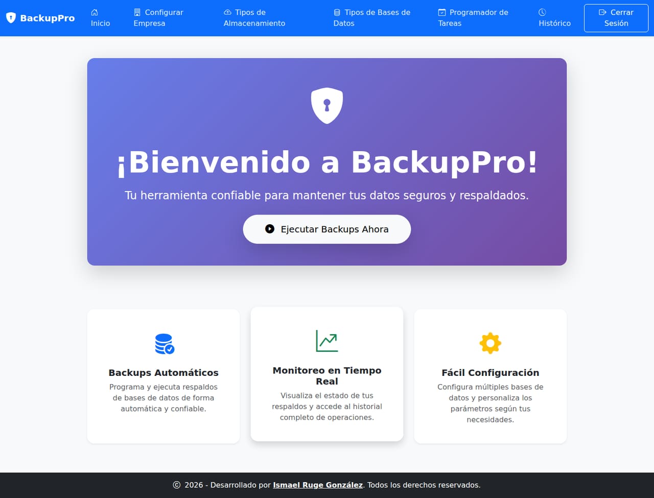 Panel de BackupPro para gestionar bases de datos, tareas y respaldos